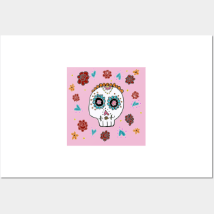 Sugar Skull and Roses pastel pink background Posters and Art